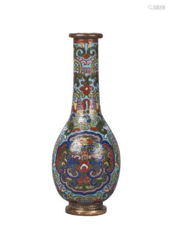 A Chinese gilt bronze and cloisonné small bottle vase, Qianlong period, decorated with two