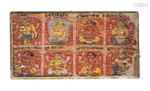 A Nepalese painting on canvas laid on board, 18th/19th century, decorated with eight deities to each