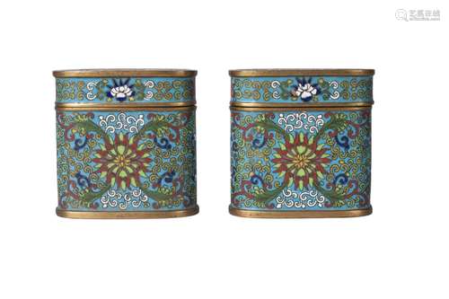 A pair of Chinese cloisonne oval boxes and covers, late Qing dynasty, decorated with lotus blooms