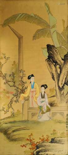 ANONYMOUS, 20th century Chinese School, ink and colour on silk, two ladies in a garden, 85cm x 37cm