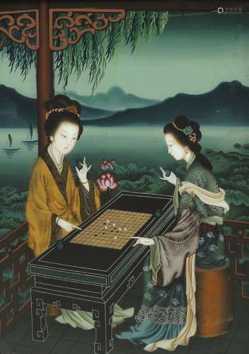 A Chinese reverse painting on glass, 20th century, depicting two ladies playing wei qi, in