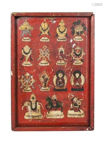 A Tibetan painted wood box, 19th century, housing a painted terracotta plaques depicting various