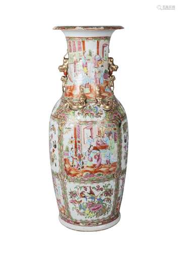 A large Chinese Canton porcelain baluster vase, 19th century, painted in famille rose enamels with