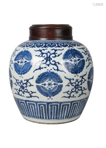 A Chinese porcelain 'butterflies' jar, 18th century, painted in underglaze blue with medallions of