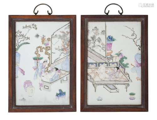 A pair of Chinese porcelain erotic plaques, Republic period, painted in famille rose enamels with