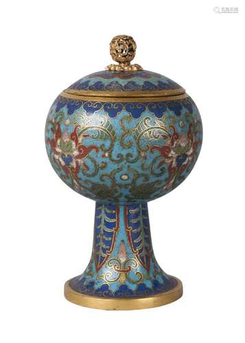 A fine Chinese gilt metal and cloisonné stem cup and cover, Qianlong period, decorated throughout