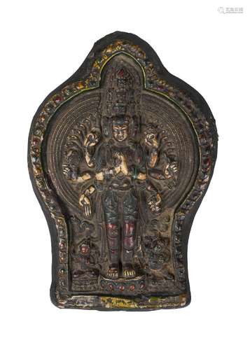 A Tibetan painted terracotta votive plaque, 19th century, depicting Ekadashalokeshvara, 25 x 17cm