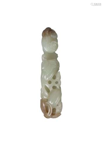 A Chinese pale green and russet jade belt hook, early 20th century, carved as a lingzhi fungus