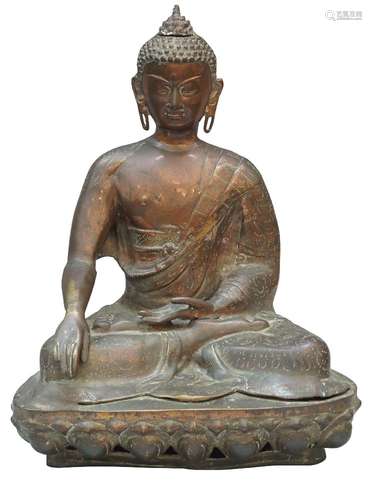 A large Thai copper alloy figure of Buddha, 20th century, seated in dhayasana on a lotus throne,