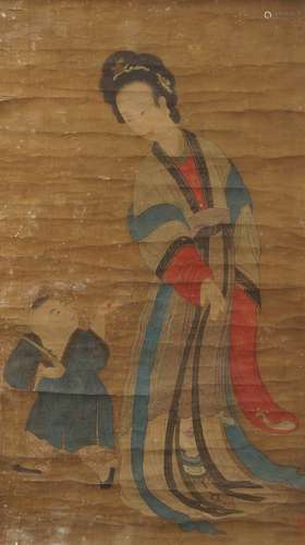 ANONYMOUS, 17th/18th century Chinese watercolour on silk, hanging scroll, court lady beside boy