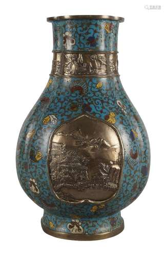 A Chinese champleve enamel pear shaped lobed vase, late 19th century, cast to the body with two