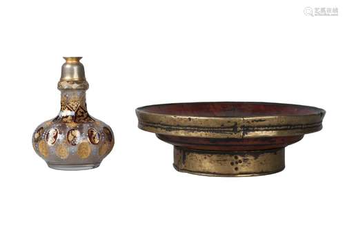 A Tibetan brass mounted wooden bowl and a Bohemian flash cut flask, 19th century, the flask