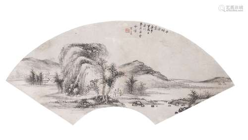 ANONYMOUS, 20th Century Chinese School, ink and colour on fan-shaped paper, figures in a