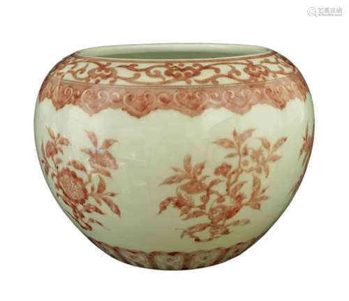 A Chinese porcelain water pot, pingguo zun, late 20th century, painted in underglaze copper red with