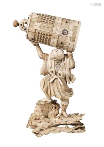 A large Japanese ivory okimono, late 19th century, carved as a priest holding a temple bell aloft