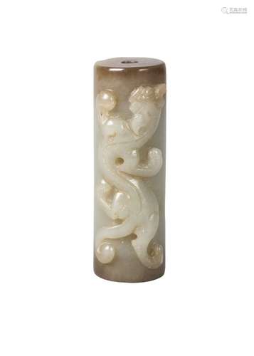 A Chinese celadon jade cylindrical bead, late Qing dynasty, carved with a chi-long dragon, 6cm long