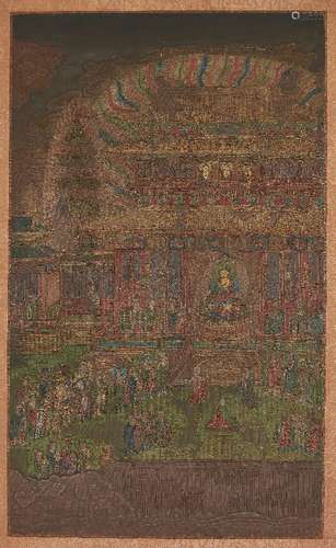 19th century Chinese School, ink and watercolour on silk, Buddha preaching in a shrine to