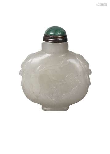 A Chinese pale green jade ovoid snuff bottle, late Qing Dynasty, carved in low relief with a chi-