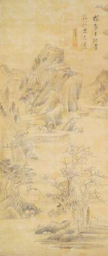 19th century Chinese School, ink and colour on silk, hanging scroll, mountainous landscape,