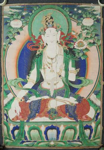 A large Tibetan thangka of Tara, late 19th/early 20th century, distemper on cloth, Tara seated in