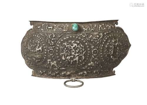 A Nepalese white metal (tests as low grade silver) repousse plaque, 19th century, profusely