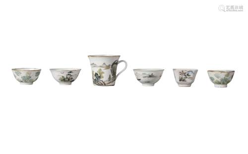 Six pieces of Chinese porcelain, Republic period, comprising five bowls and a cup with loop