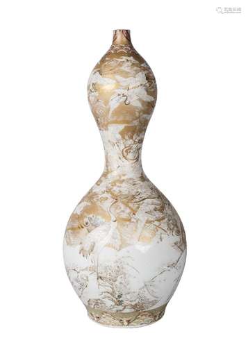 A large Japanese kutani gourd-shaped vase, late 19th century, painted throughout with red-crested