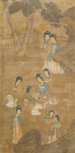 17th century Chinese School, ink and colour on silk, ladies at leisure, in a garden landscape, two