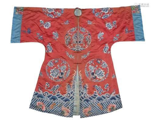 A Chinese silk embroidered robe, 19th century, decorated with roundels of flowering chrysanthemum on