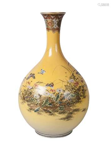 A Japanese Satsuma bottle vase, early 20th century, finely painted to the body with two swallows and