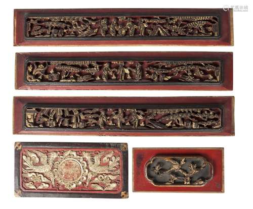 Five Chinese carved and painted wood furniture panels, late 19th/early 20th century, three carved