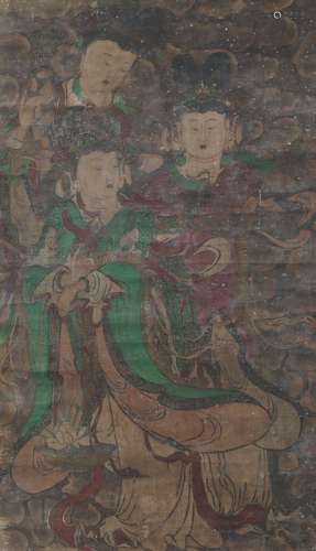 19th century Chinese School, large mixed media on canvas, hanging scroll, study of three celestial