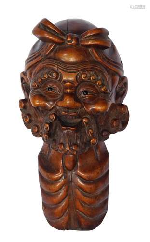 A Japanese carved wood bust of a bearded man, late 19th/early 20th century, with a ribbon tied top