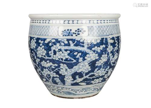 A Chinese porcelain jardiniere, mid-19th century, painted in underglaze blue with blossoming