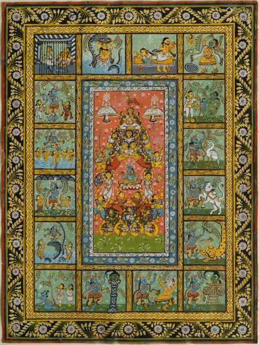 A large Nepalese gouache on canvas, 20th century, depicting various scenes with Krishna, within a