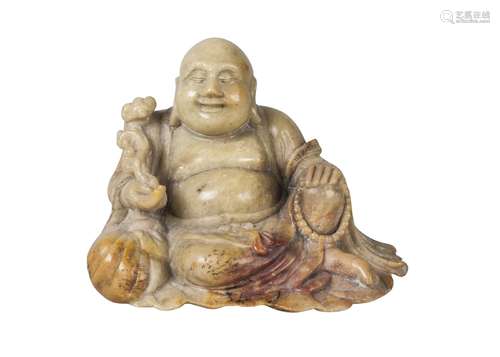 A Chinese soapstone carving of Hotei, 18th/19th century, carved seated, with characteristic