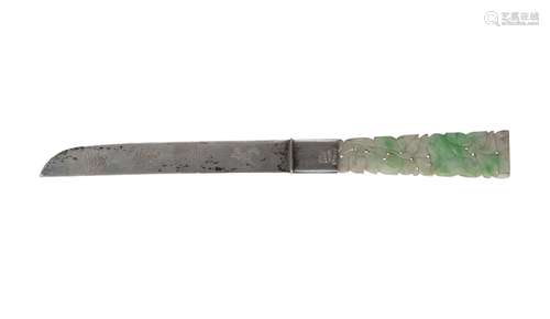 A Chinese jade handled silver fruit knife, early 20th century, the variegated jade handle pierced