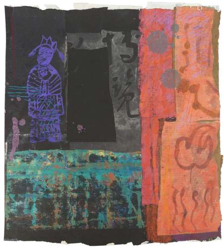 LEUNG CHUAN (20th century), abstract composition with figure, mixed media on paper, signed and dated