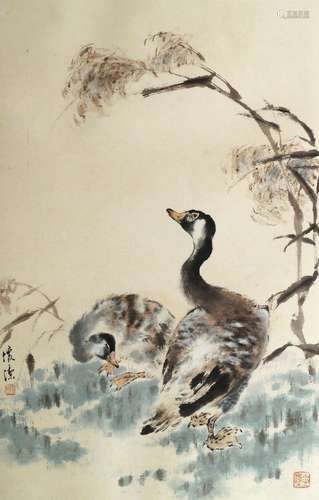 ANONYMOUS, 20th Century Chinese School, ink and colour on paper, study of two ducks, bears seal mark