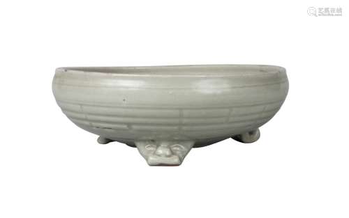 A Chinese grey stoneware Longquan celadon 'Bagua' censer, Ming dynasty, 16th century, heavily