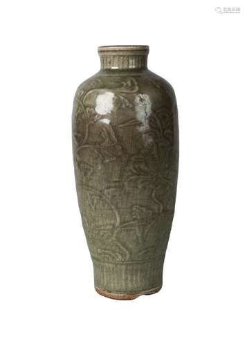 A Chinese Longquan grey stoneware celadon glazed vase, Ming dynasty, 16th century, of ovoid form,