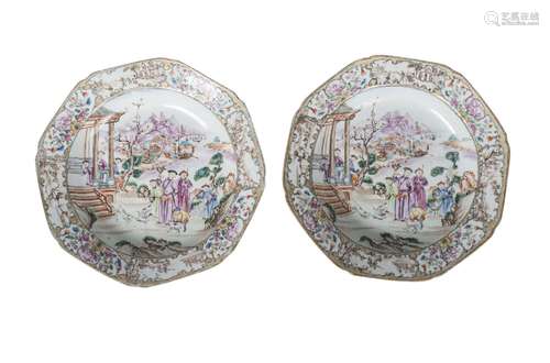 A pair of Chinese export porcelain octagonal plates, Qianlong period, painted in famille rose