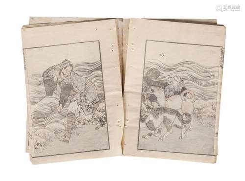 A Japanese book of woodblock prints, early 20th century, depicting animals and landscapes, 23cm x