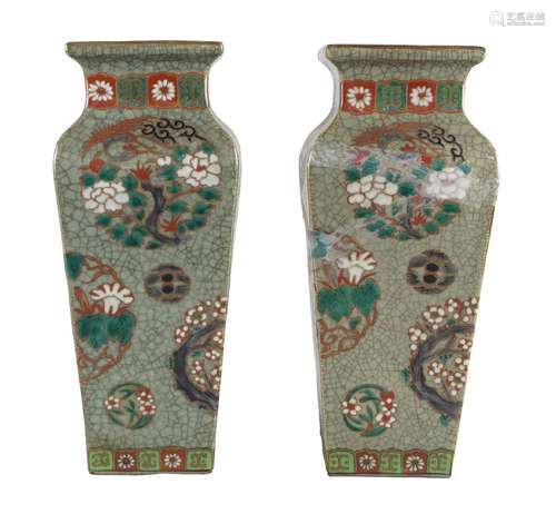 A pair of Japanese square vases, early 20th century, painted in enamels with birds and floral