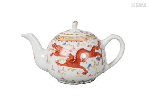 A Chinese porcelain teapot, 20th century, painted in famille rose enamels with a dragon and phoenix,