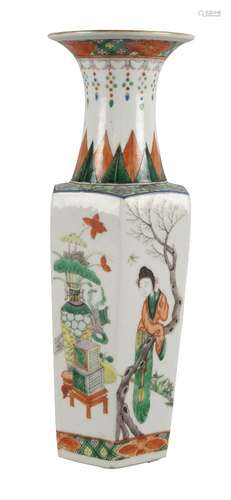 A Chinese porcelain hexagonal vase, Kangxi mark, 19th century, painted in famille verte enamels with