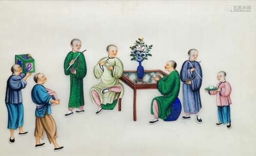 A set of twelve Chinese gouache paintings on rice paper, late Qing dynasty, each depicting a