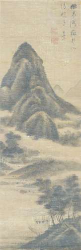 STYLE OF ZHANG RUITU, ink on silk, hanging scroll, mountainous landscape, bears indistinct