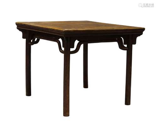 A Chinese elm wood square side table, 18th/19th century, the square top raised on cylindrical legs