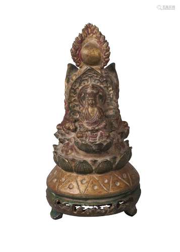 An unusual Japanese religious painted wooden carving, 19th century, depicting three Buddhas on a